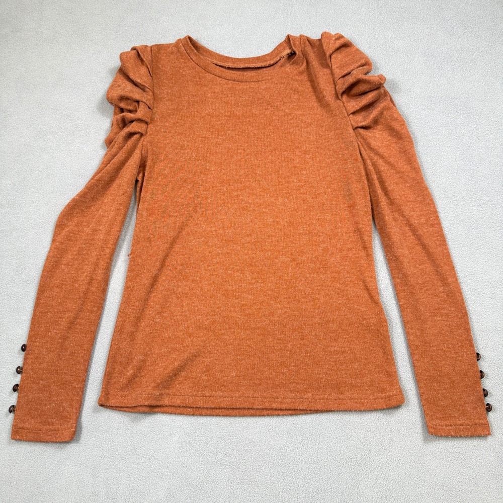 SHEIN Sweater Top M Orange Crew Neck Texture Long Sleeve Puff Sleeve Button Cuff